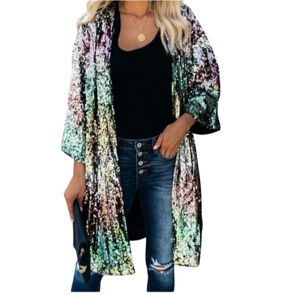 Sequin Cardigan Jacket Open Front Kimono Pastel Glittery Maxi 3XL Runs Small - Picture 5 of 5